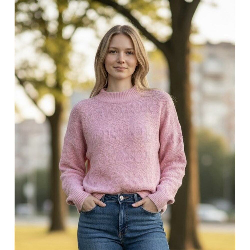 Vintage Bears Crossing Pink Knit Pointelle Pull Over Mock Neck Sweater size Med